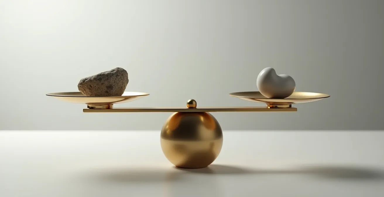 Métaphore visuelle d'une balance en équilibre avec deux plateaux, représentant symboliquement la comparaison entre deux approches de purification de l'air
