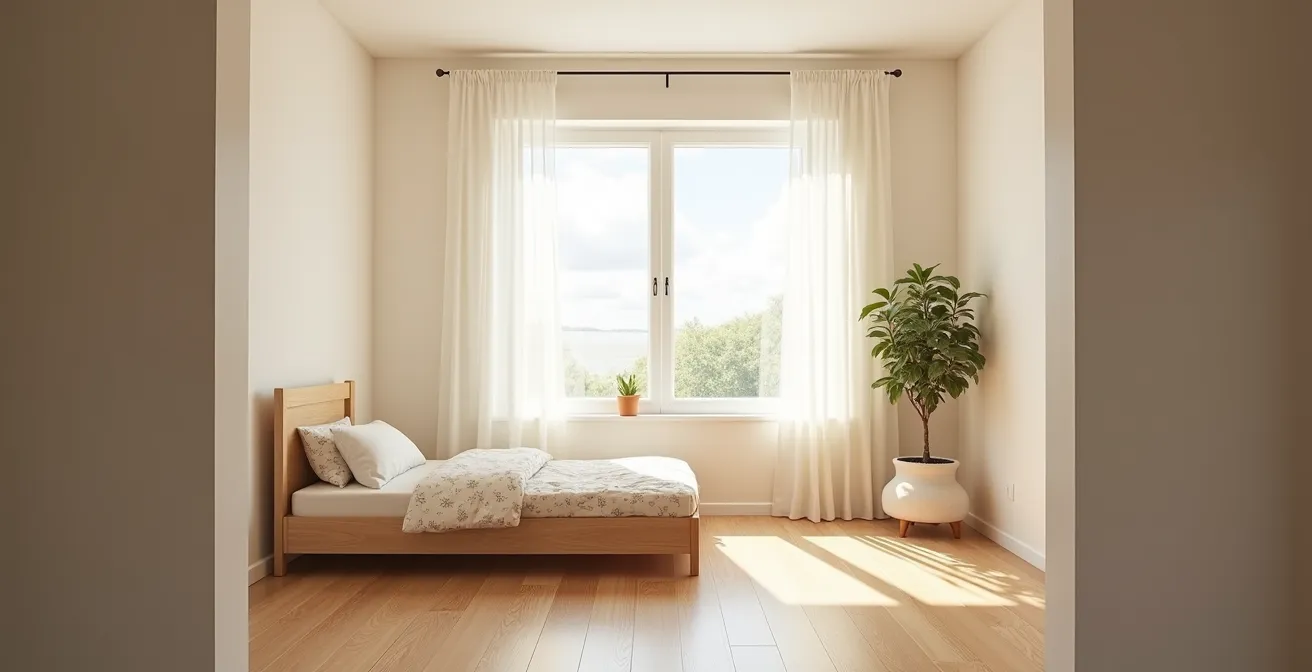 Détail architectural d'une chambre d'enfant baignée de lumière naturelle, mettant en valeur les textures des matériaux sains et l'atmosphère sereine de l'espace
