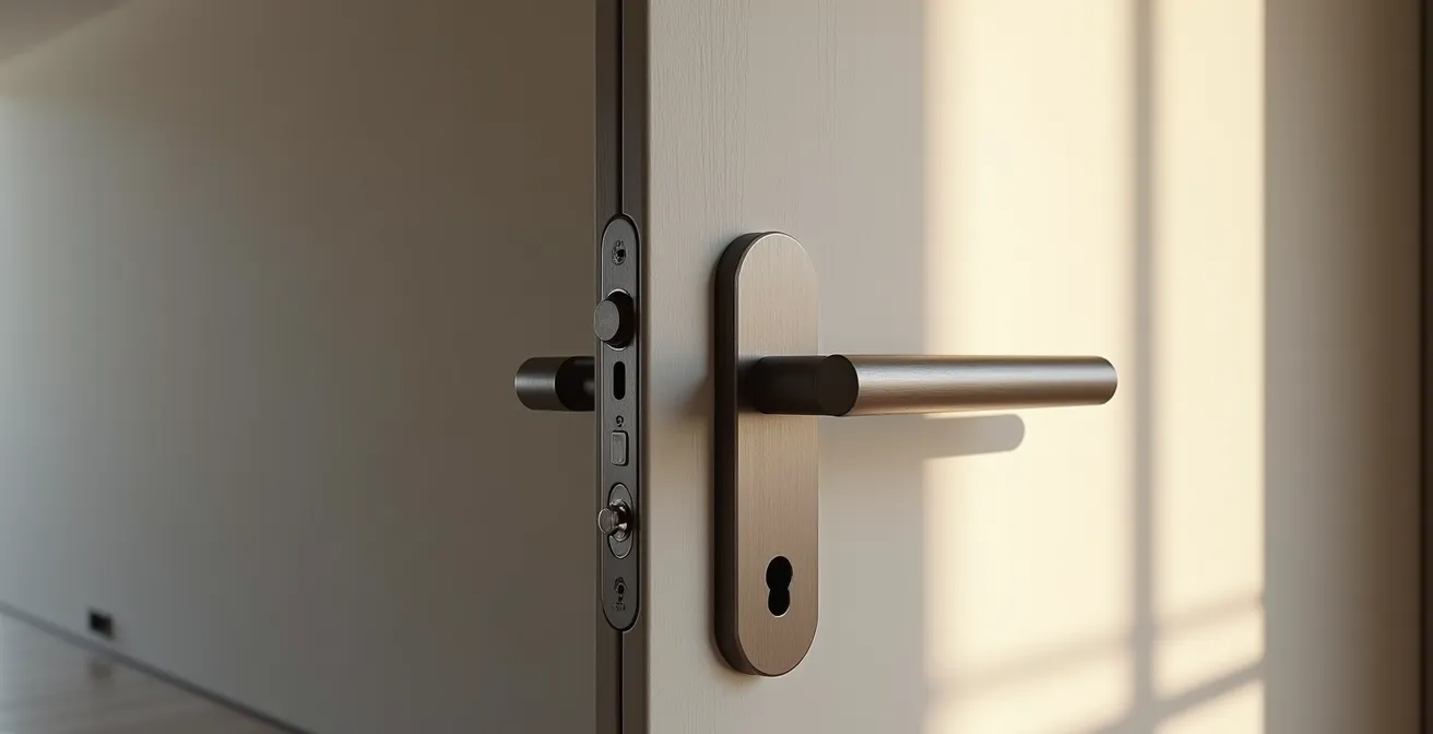 Vue en angle d'une poignée de porte d'entrée contemporaine avec finitions métalliques élégantes sur une porte moderne