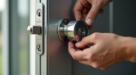 Gros plan photographique d'une main installant un cylindre de haute sécurité sur une porte d'entrée moderne