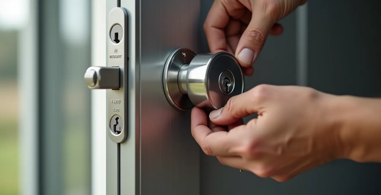 Gros plan photographique d'une main installant un cylindre de haute sécurité sur une porte d'entrée moderne