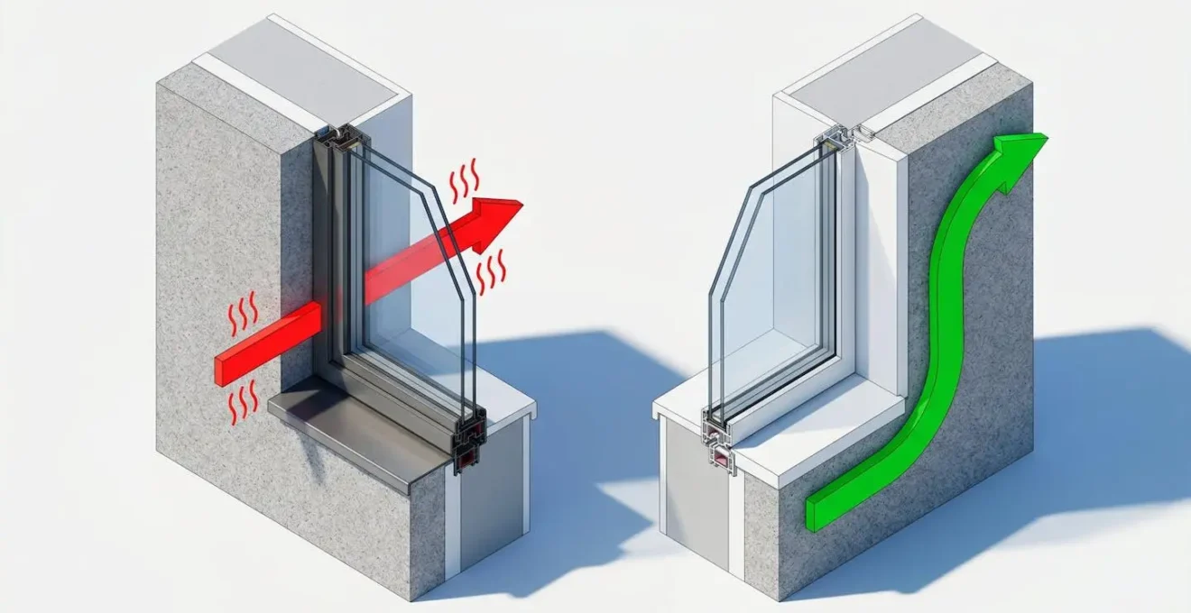 Schéma isométrique comparant un pont thermique au droit d'une fenêtre ancienne et la solution de rehausse isolante.