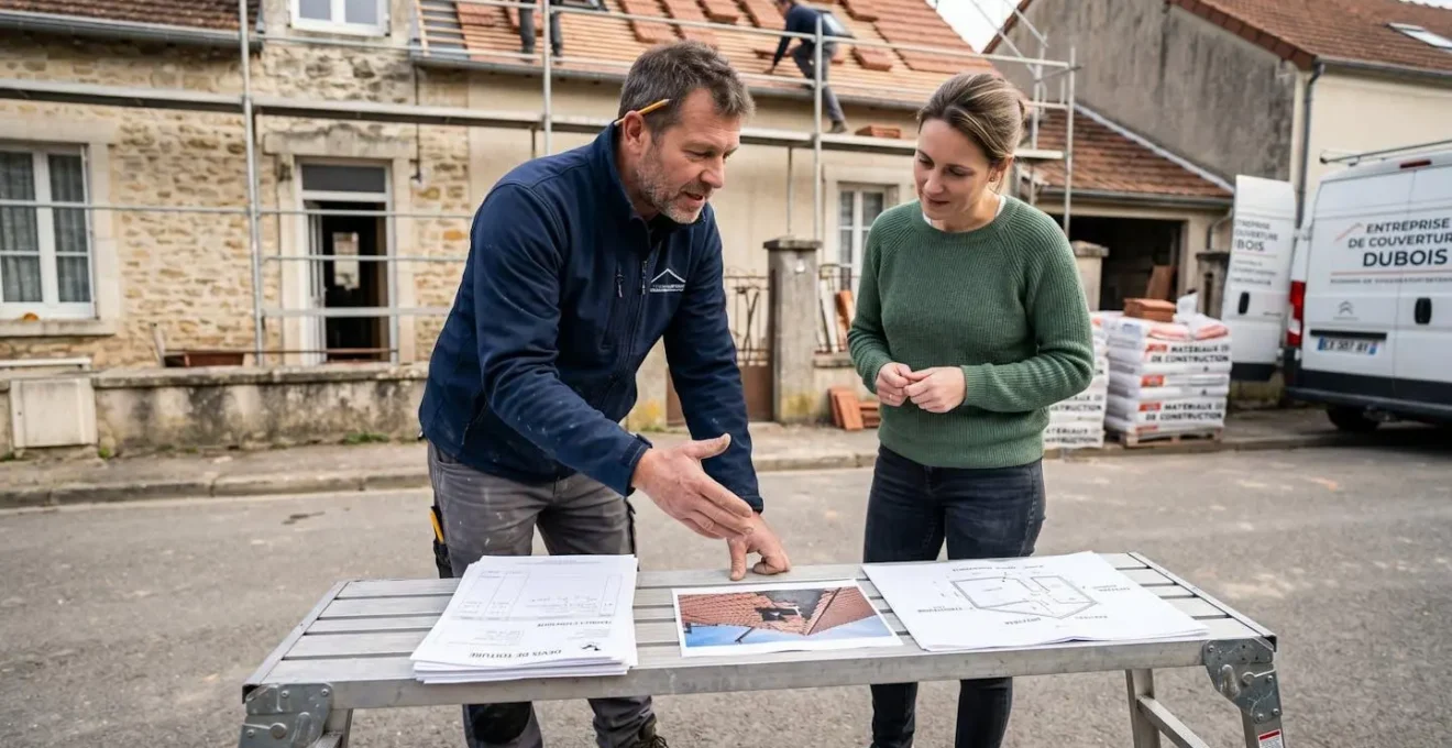 Artisan couvreur et propriétaire consultant ensemble des documents techniques de diagnostic et devis sur un chantier de rénovation de toiture