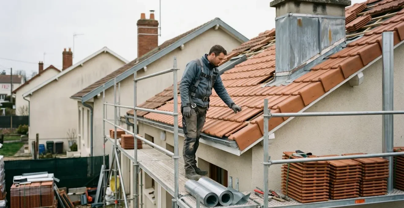 Couvreur professionnel en équipement de sécurité inspectant des tuiles sur un échafaudage lors d'un chantier de rénovation de toiture dans un quartier résidentiel français
