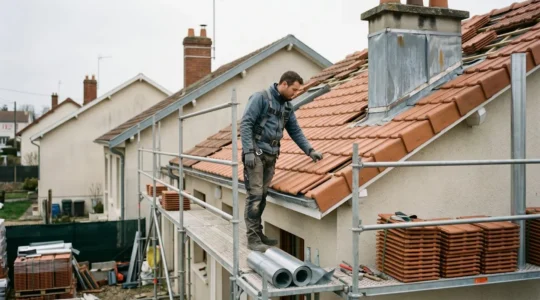 Couvreur professionnel en équipement de sécurité inspectant des tuiles sur un échafaudage lors d'un chantier de rénovation de toiture dans un quartier résidentiel français