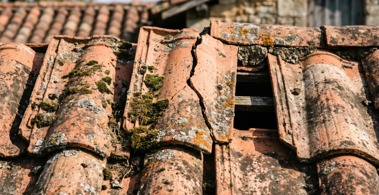 Gros plan sur tuiles de toiture dégradées présentant mousse, fissures et décollement, signes nécessitant une intervention de rénovation