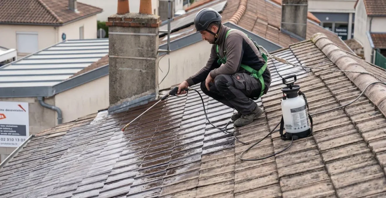 Technicien professionnel appliquant un traitement hydrofuge sur toiture à l'aide d'un pulvérisateur, avec différence visible entre zones traitées et non traitées